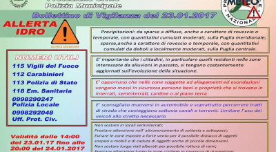 Protezione Civile Puglia: ALLERTA ARANCIONE. Bollettino meteo del 23/01/2017