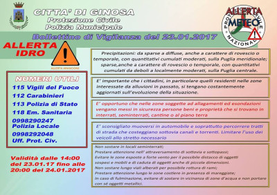 Protezione Civile Puglia: ALLERTA ARANCIONE. Bollettino meteo del 23/01/2017
