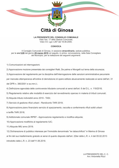 Venerdì 29 marzo 2019 Consiglio Comunale in Diretta
