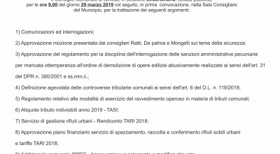 Venerdì 29 marzo 2019 Consiglio Comunale in Diretta