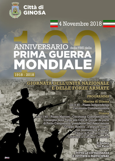 Domenica 4 novembre 2018 cerimonia commemorativa a Marina di Ginosa e Ginosa