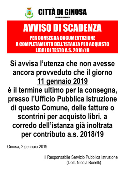 SCADENZA PRESENTAZIONE FATTURE PER ISTANZE LIBRI DI TESTO