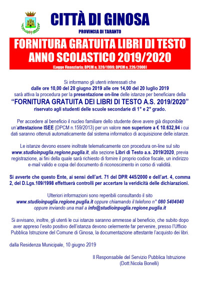 FORNITURA GRATUITA LIBRI DI TESTO ANNO SCOLASTICO 2019/2020