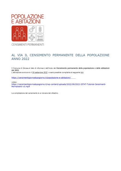 AL VIA IL CENSIMENTO PERMANENTE DELLA POPOLAZIONE ANNO 2022