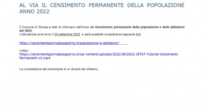 AL VIA IL CENSIMENTO PERMANENTE DELLA POPOLAZIONE ANNO 2022