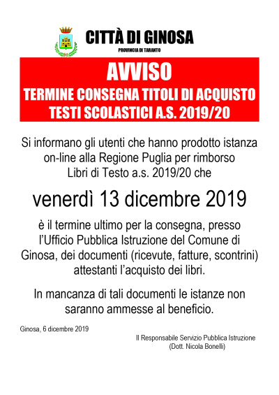 CONSEGNA TITOLI DI ACQUISTO TESTI SCOLASTICI A.S. 2019/20