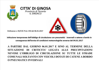 Allerta meteo - Emergenza Neve - Obbligo temporaneo per i veicoli