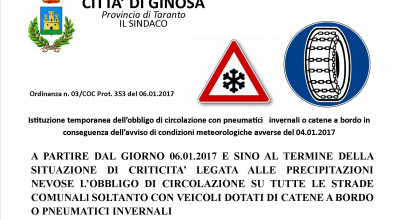 Allerta meteo - Emergenza Neve - Obbligo temporaneo per i veicoli