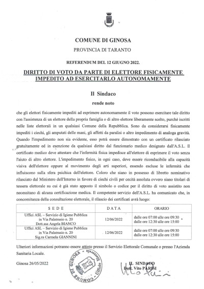 REFERENDUM DEL 12 GIUGNO 2022 - DIRITTO DI VOTO DA PARTE DI ELETTORE FISICAME...