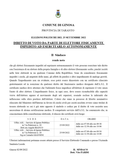 DIRITTO DI VOTO DA PARTE DI ELETTORE FISICAMENTE IMPEDITO AD ESERCITARLO AUTO...