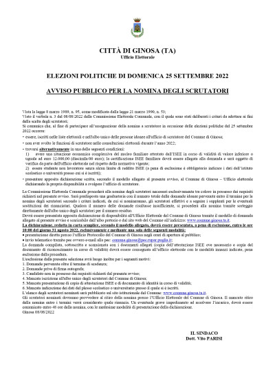 AVVISO PUBBLICO PER LA NOMINA DEGLI SCRUTATORI - ELEZIONI POLITICHE DEL 25 SE...