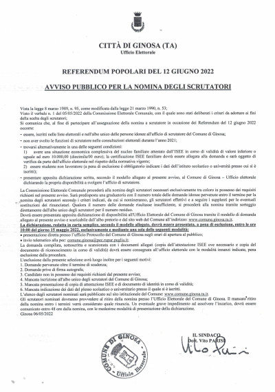 AVVISO - Criteri di nomina a scrutatore nei Referendum del 12 giugno 2022 e d...
