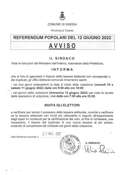 AVVISO RILASCIO TESSERE ELETTORALI