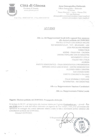 ELEZIONI POLITICHE DEL 25 SETTEMBRE 2022. PROPAGANDA ELETTORALE.