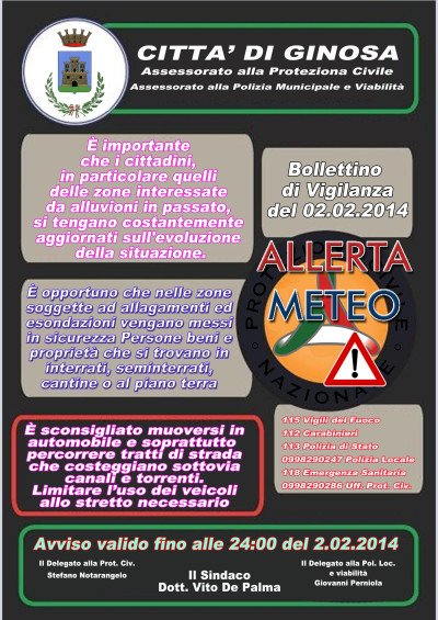 ALLERTA METEO 2 FEBBRAIO
