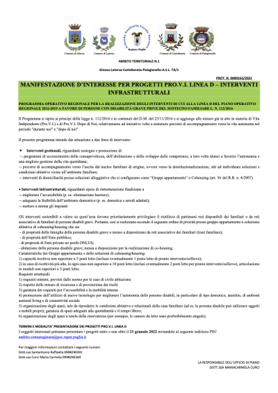 MANIFESTAZIONE D’INTERESSE PER PROGETTI PRO.V.I. LINEA D – INTERV...
