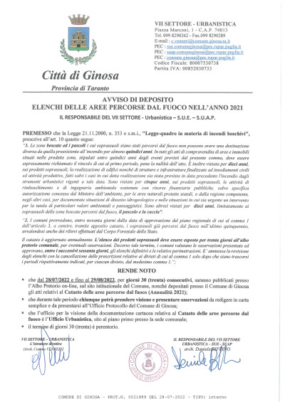 Avviso Deposito Albo elenchi delle aree percorse dal fuoco nell'anno 2021