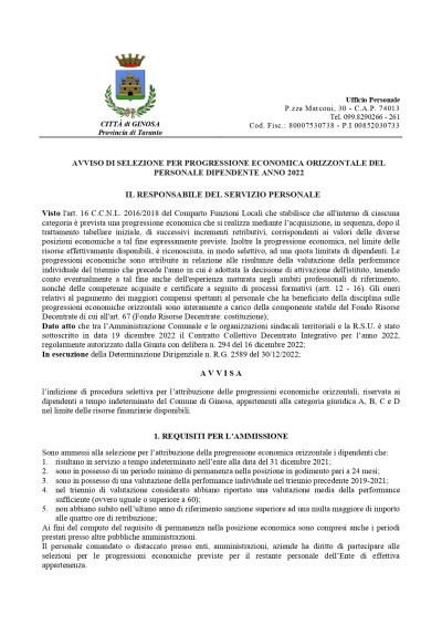 AVVISO DI SELEZIONE PER PROGRESSIONE ECONOMICA ORIZZONTALE DEL PERSONALE DIPE...