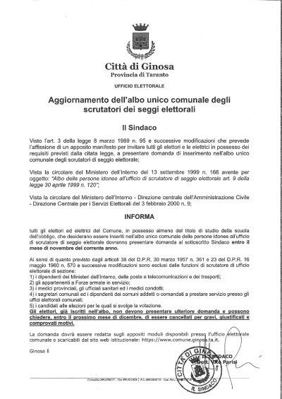 AGGIORNAMENTO DELL'ALBO UNICO COMUNALE DEGLI SCRUTATORI DEI SEGGI ELETTORALI ...
