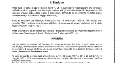 AGGIORNAMENTO DELL'ALBO UNICO COMUNALE DEGLI SCRUTATORI DEI SEGGI ELETTORALI ...