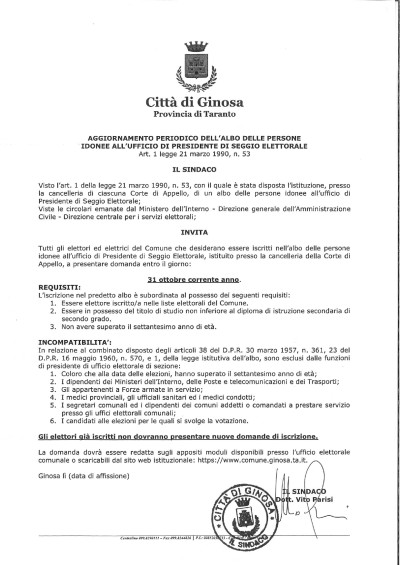 AGGIORNAMENTO ALBO DELLE PERSONE IDONEE ALL'UFFICIO DI PRESIDENTE DI SEGGIO E...