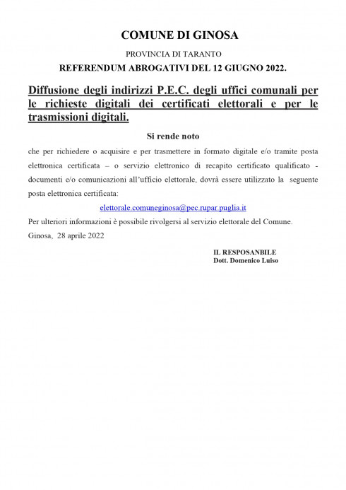 REFERENDUM ABROGATIVI DEL 12 GIUGNO 2022 - indirizzo PEC per comunicazioni