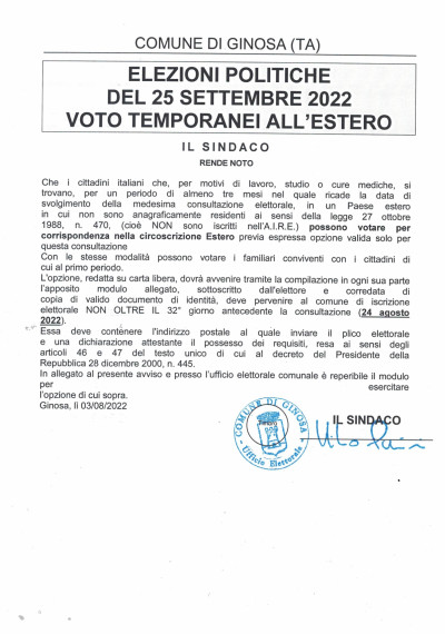 Avviso opzione voto elettori temporaneamente all'estero - Elezioni Politiche ...