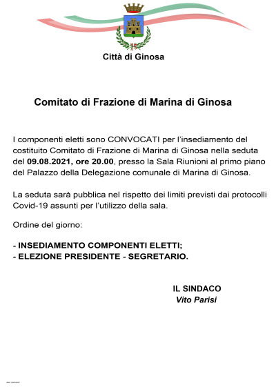 CONVOCAZIONE COMITATO DI FRAZIONE IL 09/08/2021
