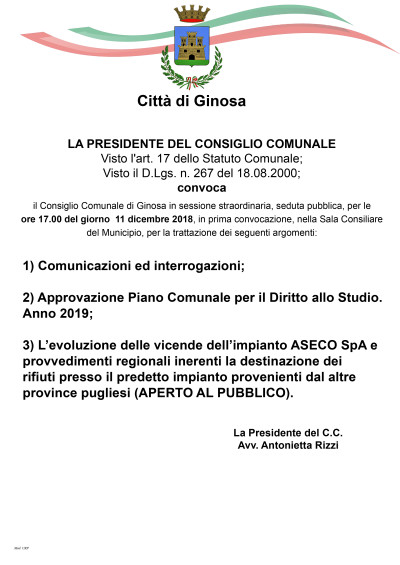 In diretta il Consiglio Comunale di oggi 11 Dicembre 2018