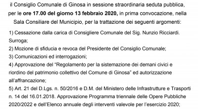Giovedì 13 febbraio 2020 è convocato il Consiglio Comunale
