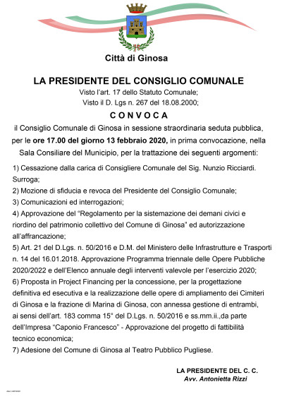 Giovedì 13 febbraio 2020 è convocato il Consiglio Comunale