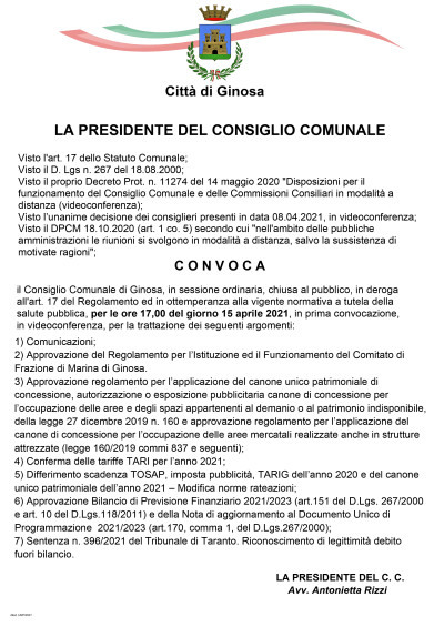 29 Aprile 2021 - Online il Consiglio Comunale