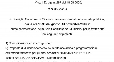 Lunedì 18 novembre 2019 è convocato il Consiglio Comunale