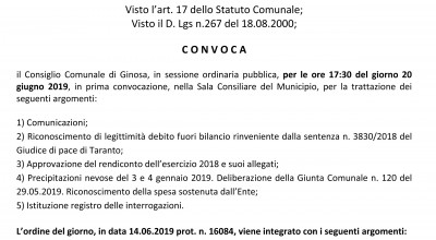 Giovedì 20 giugno 2019 è convocato il Consiglio Comunale