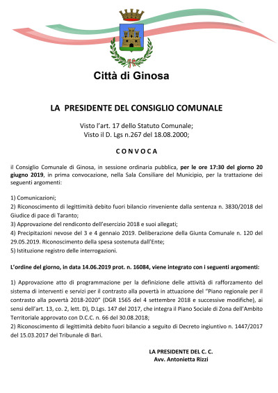 Giovedì 20 giugno 2019 è convocato il Consiglio Comunale