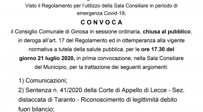 Martedì 21 Luglio 2020 è convocato il Consiglio Comunale