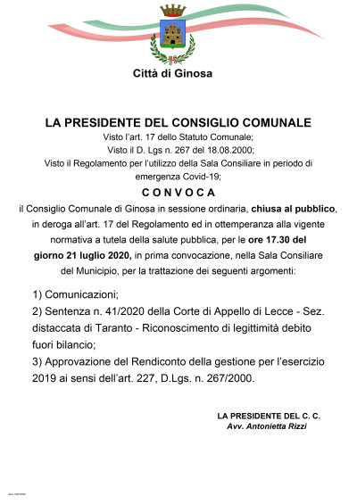 Martedì 21 Luglio 2020 è convocato il Consiglio Comunale
