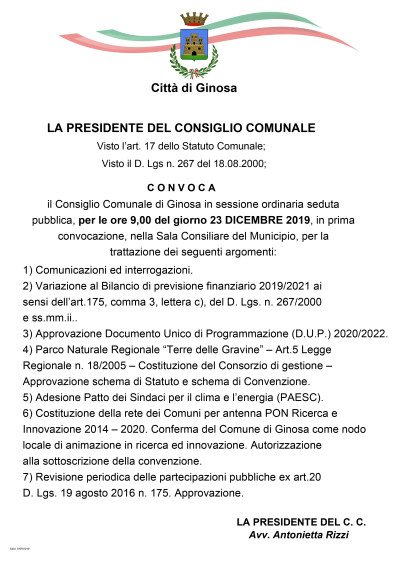 Lunedì 23 dicembre 2019 è convocato il Consiglio Comunale