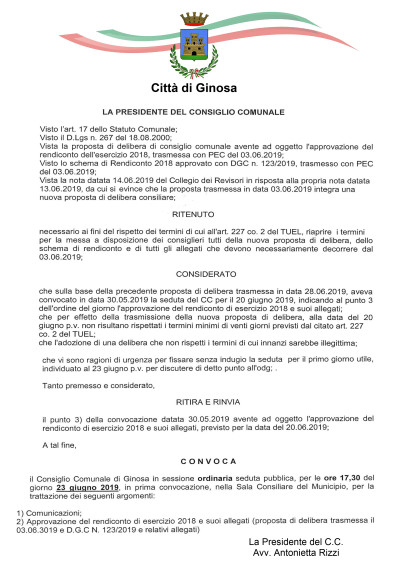 Domenica 23 giugno 2019 è convocato il Consiglio Comunale