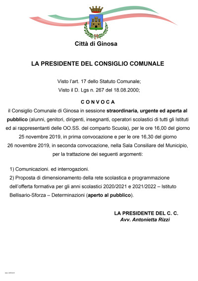 E' convocato il Consiglio Comunale