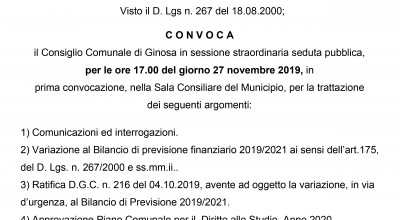 Mercoledì 27 novembre 2019 è convocato il Consiglio Comunale co...