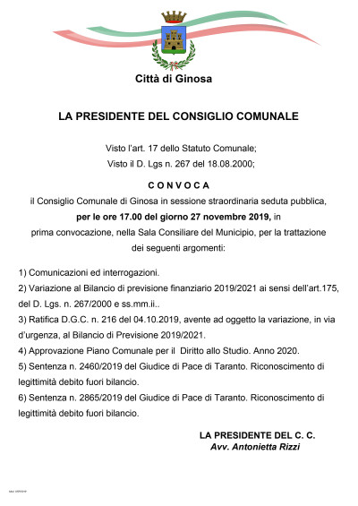Mercoledì 27 novembre 2019 è convocato il Consiglio Comunale co...