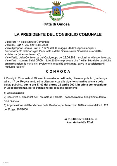 29 Aprile 2021 - E' convocato il Consiglio Comunale