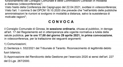 29 Aprile 2021 - E' convocato il Consiglio Comunale