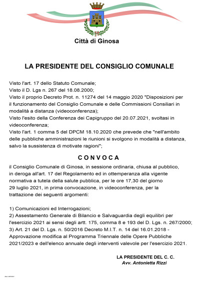 E' convocato il prossimo Consiglio Comunale il 29 luglio 2021 alle ore 17,30