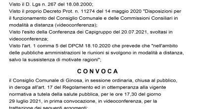 E' convocato il prossimo Consiglio Comunale il 29 luglio 2021 alle ore 17,30