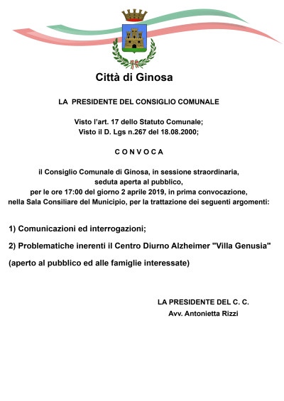 Live in diretta il Consiglio Comunale di oggi Martedì 2 aprile 2019
