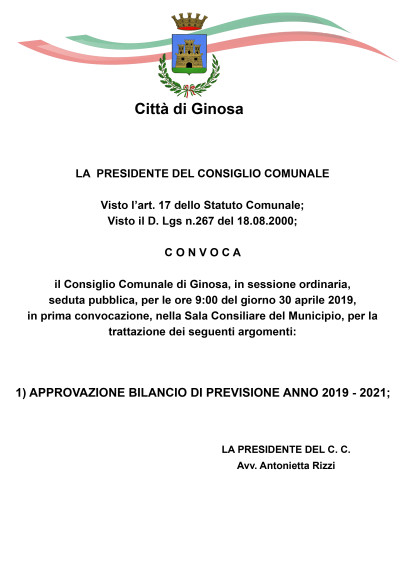Oggi martedì 30 aprile 2019 è convocato il Consiglio Comunale