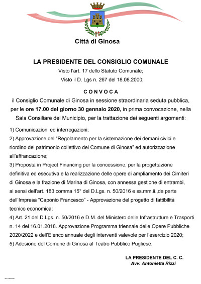 Giovedì 30 gennaio 2020 è convocato il Consiglio Comunale