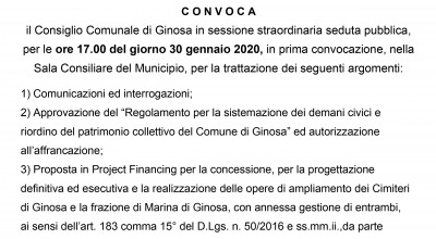 Giovedì 30 gennaio 2020 è convocato il Consiglio Comunale